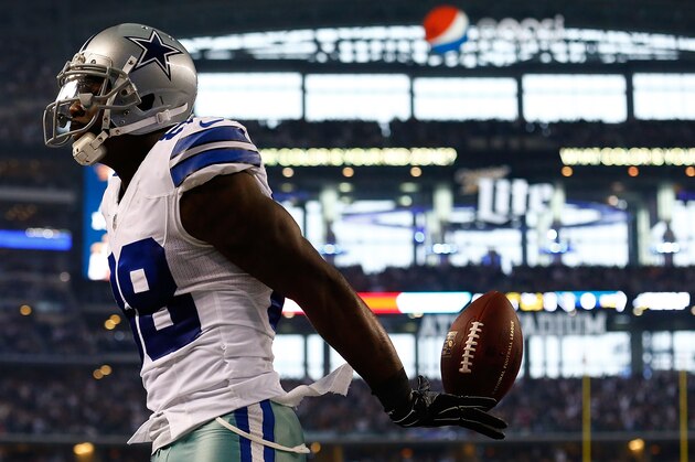 ARLINGTON, TX - DECEMBER 21:  Dez Bryant #88 of the Dallas Cowboys celebrates his touchdown reception against the Indianapolis Colts in the first half at AT&T Stadium on December 21, 2014 in Arlington, Texas.  (Photo by Tom Pennington/Getty Images)
