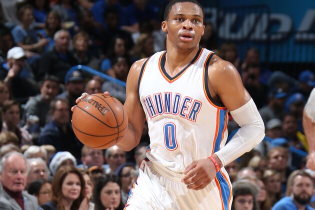 OKLAHOMA CITY, OK- DECEMBER 21:  Russell Westbrook #0 of the Oklahoma City Thunder handles the ball against the New Orleans Pelicans on December 21, 2014 at Chesapeake Energy Arena in Oklahoma City, OK. NOTE TO USER: User expressly acknowledges and agrees that, by downloading and or using this photograph, User is consenting to the terms and conditions of the Getty Images License Agreement. Mandatory Copyright Notice: Copyright 2014 NBAE (Photo by Layne Murdoch/NBAE via Getty Images)