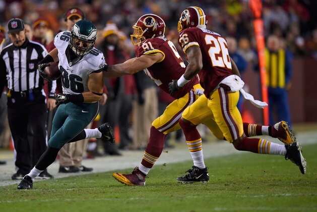 LANDOVER, MD - DECEMBER 20: Tight end Zach Ertz #86 of the Philadelphia Eagles is forced out of bounds by outside linebacker Ryan Kerrigan #91 of the Washington Redskins in the first quarter of a game at FedExField on December 20, 2014 in Landover, Maryland.  (Photo by Patrick Smith/Getty Images)