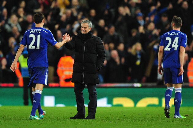 STOKE ON TRENT, ENGLAND - DECEMBER 22:  Chelsea player Nemanja Matic is congratulated by his mananger Jose Mourinho after the Barclays Premier League match between Stoke City and Chelsea at Britannia Stadium on December 22, 2014 in Stoke on Trent, England.  (Photo by Stu Forster/Getty Images)