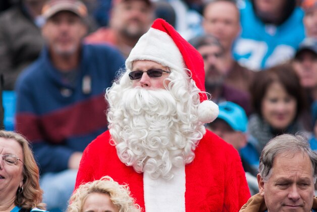 Dec 21, 2014; Charlotte, NC, USA; A Carolina Panthers fan dressed as Santa Claus watches from the stands during the Panthers' game against the Cleveland Browns at Bank of America Stadium. Mandatory Credit: Jeremy Brevard-USA TODAY Sports