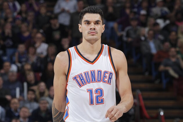 SACRAMENTO, CA - DECEMBER 16: Steven Adams #12 of the Oklahoma City Thunder looks on during the game against the Sacramento Kings on December 16, 2014 at Sleep Train Arena in Sacramento, California. NOTE TO USER: User expressly acknowledges and agrees that, by downloading and or using this photograph, User is consenting to the terms and conditions of the Getty Images Agreement. Mandatory Copyright Notice: Copyright 2014 NBAE (Photo by Rocky Widner/NBAE via Getty Images)