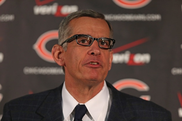 LAKE FOREST, IL - JANUARY 17:  General manager Phil Emery of the Chicago Bears explains his choice of Marc Trestman to be the new head coach of the Bears at Halas Hall on January 17, 2013 in Lake Forest, Illinois.  (Photo by Jonathan Daniel/Getty Images)