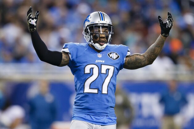 Detroit Lions free safety Glover Quin (27) reacts against the Miami Dolphins during an NFL football game at Ford Field in Detroit, Sunday, Nov. 9, 2014. (AP Photo/Rick Osentoski)