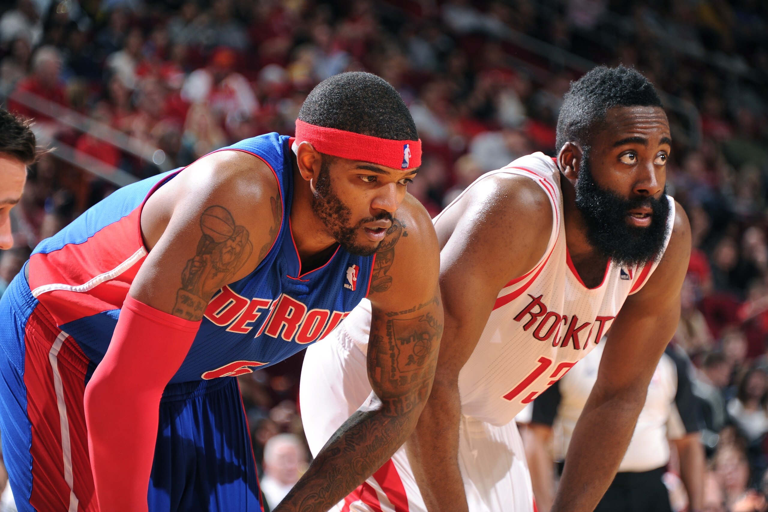 HOUSTON, TX - MARCH 1:  Josh Smith #6 of the Detroit Pistons battles for position against James Harden #13 of the Houston Rockets on March 1, 2014 at the Toyota Center in Houston, Texas. NOTE TO USER: User expressly acknowledges and agrees that, by downloading and or using this photograph, User is consenting to the terms and conditions of the Getty Images License Agreement. Mandatory Copyright Notice: Copyright 2014 NBAE (Photo by Bill Baptist/NBAE via Getty Images)