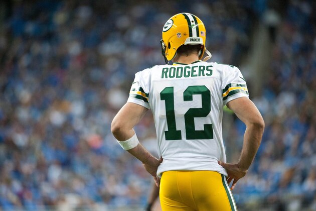 Sep 21, 2014; Detroit, MI, USA; Green Bay Packers quarterback Aaron Rodgers (12) during the game against the Detroit Lions at Ford Field. Mandatory Credit: Tim Fuller-USA TODAY Sports