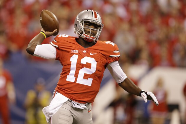 Ohio State quarterback Cardale Jones throws during the first half of the Big Ten Conference championship NCAA college football game against Wisconsin Saturday, Dec. 6, 2014, in Indianapolis. (AP Photo/Darron Cummings)