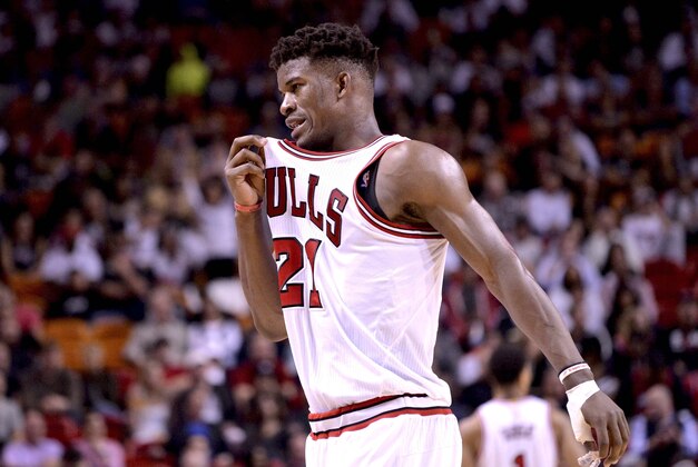Dec 14, 2014; Miami, FL, USA; Chicago Bulls guard Jimmy Butler (21) during the second half against the Chicago Bulls at American Airlines Arena. Mandatory Credit: Steve Mitchell-USA TODAY Sports