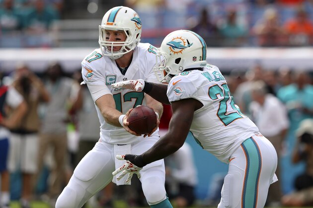 MIAMI GARDENS, FL - DECEMBER 21:  Quarterback Ryan Tannehill #17 of the Miami Dolphins hands off to running back Lamar Miller #26 during a game against the Minnesota Vikings at Sun Life Stadium on December 21, 2014 in Miami Gardens, Florida.  (Photo by Mike Ehrmann/Getty Images)