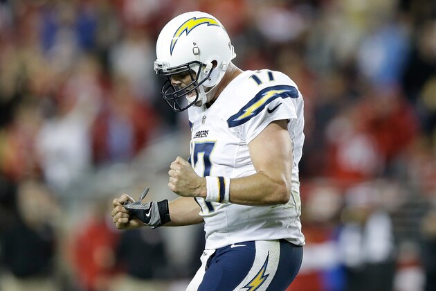 SANTA CLARA, CA - DECEMBER 20:  Quarterback Philip Rivers #17 of the San Diego Chargers reacts after throwing a fourth quarter touchdown pass to wide receiver Malcom Floyd #80 against the San Francisco 49ers at Levi's Stadium on December 20, 2014 in Santa Clara, California.  (Photo by Ezra Shaw/Getty Images)