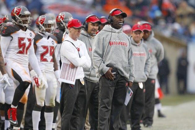 Tampa Bay Buccaneers head coach Lovie Smith watches his team play against the Chicago Bears during an NFL football game on Sunday, Nov. 23, 2014 in Chicago. The Bears won the game 21-13. (Jeff Haynes/AP Images for Panini)