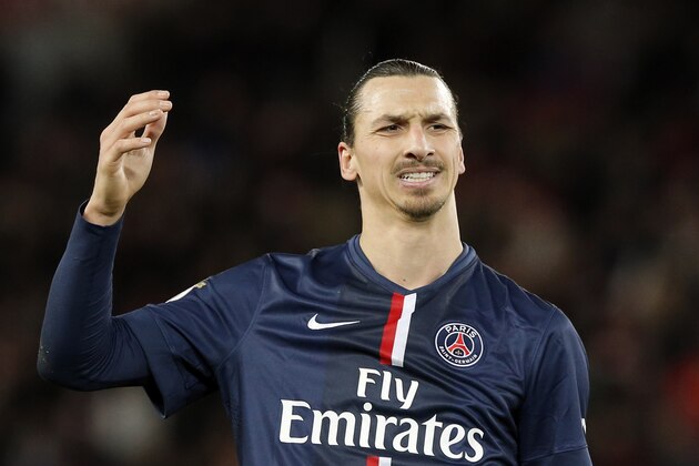 Paris Saint Germain's Zlatan Ibrahimovic gestures,  during their League One soccer match between Paris Saint Germain and Montpellier,  at Parc des Princes stadium, in Paris, Saturday, Dec. 20, 2014. (AP Photo/Francois Mori)