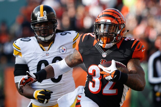 Dec 7, 2014; Cincinnati, OH, USA; Cincinnati Bengals running back Jeremy Hill (32) carries the ball after making a catch in the first half against the Pittsburgh Steelers at Paul Brown Stadium. Mandatory Credit: Aaron Doster-USA TODAY Sports