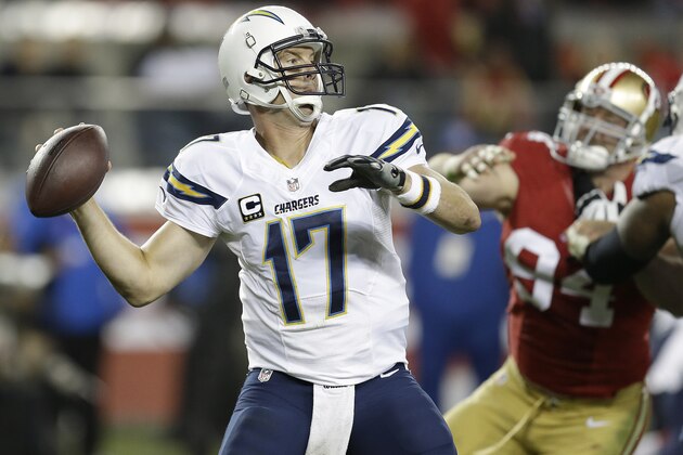 San Diego Chargers quarterback Philip Rivers (17) passes against the San Francisco 49ers during the third quarter of an NFL football game in Santa Clara, Calif., Saturday, Dec. 20, 2014. (AP Photo/Ben Margot)