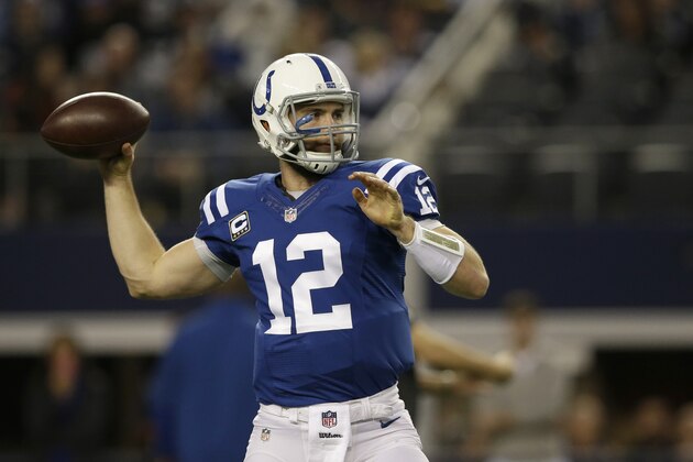 Indianapolis Colts quarterback Andrew Luck (12) passes during warm ups before an NFL football game against the Dallas Cowboys, Sunday, Dec. 21, 2014, in Arlington, Texas. (AP Photo/Tim Sharp)