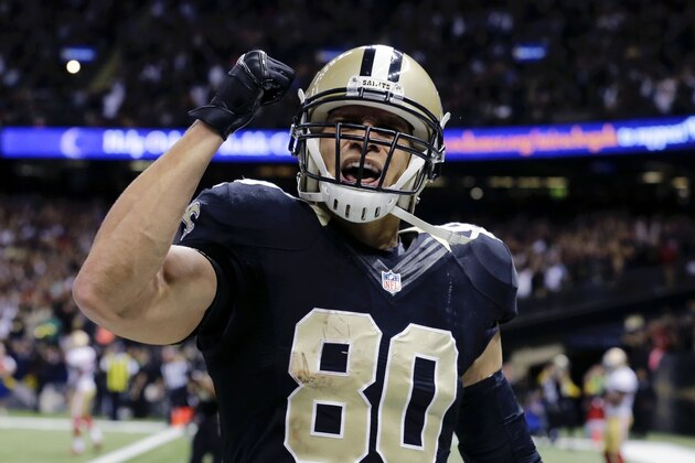 New Orleans Saints tight end Jimmy Graham celebrates his touchdown reception against the San Francisco 49ers late in the second half of an NFL football game in New Orleans, Sunday, Nov. 9, 2014. (AP Photo/Bill Haber)