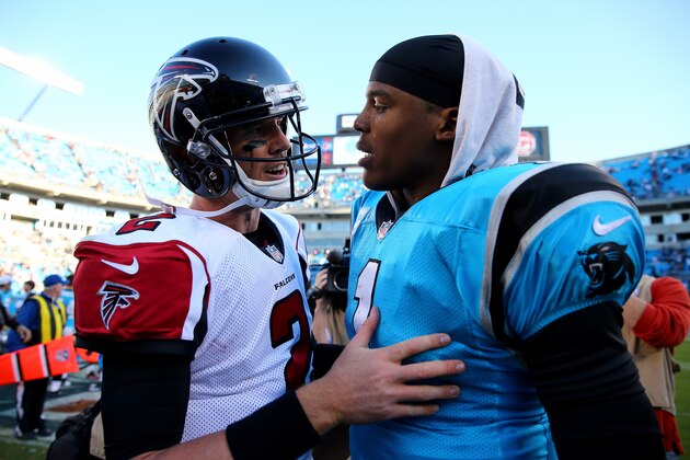 CHARLOTTE, NC - NOVEMBER 03:  Cam Newton #1 of the Carolina Panthers talks to Matt Ryan #2 of the Atlanta Falcons after defeating the Falcons 34-10 at Bank of America Stadium on November 3, 2013 in Charlotte, North Carolina.  (Photo by Streeter Lecka/Getty Images)