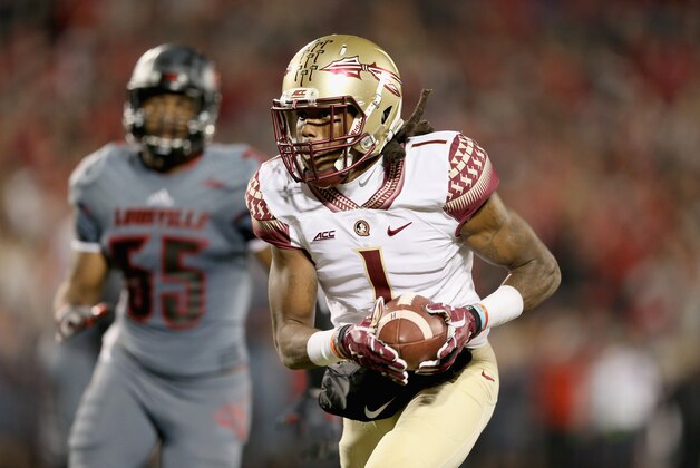 LOUISVILLE, KY - OCTOBER 30:  Ermon Lane #1 of the Florida State Seminoles runs for a touchdown during the game against the Louisville Cardinals at Papa John's Cardinal Stadium on October 30, 2014 in Louisville, Kentucky.  (Photo by Andy Lyons/Getty Images)