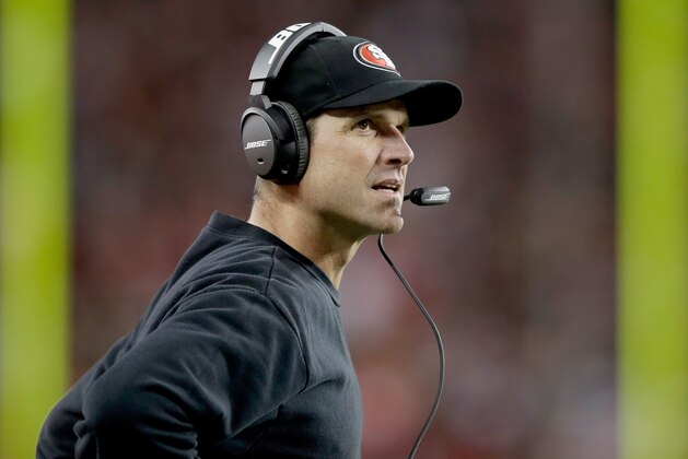 SANTA CLARA, CA - DECEMBER 20:  Head coach Jim Harbaugh of the San Francisco 49ers looks on in the second half while taking on the San Diego Chargers at Levi's Stadium on December 20, 2014 in Santa Clara, California.  (Photo by Ezra Shaw/Getty Images)
