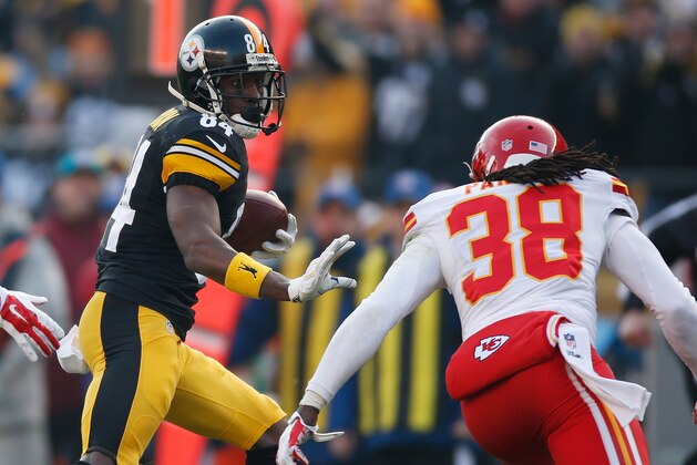 PITTSBURGH, PA - DECEMBER 21:  Antonio Brown #84 of the Pittsburgh Steelers tries to avoid a tackle by Ron Parker #38 of the Kansas City Chiefs during the third quarter at Heinz Field on December 21, 2014 in Pittsburgh, Pennsylvania.  (Photo by Gregory Shamus/Getty Images)