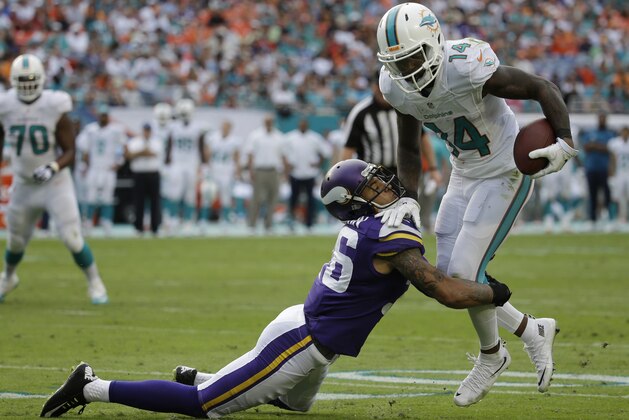 Miami Dolphins wide receiver Jarvis Landry (14) strong arms Minnesota Vikings strong safety Robert Blanton (36) during the second half of an NFL football game, Sunday, Dec. 21, 2014, in Miami Gardens, Fla. (AP Photo/Lynne Sladky)