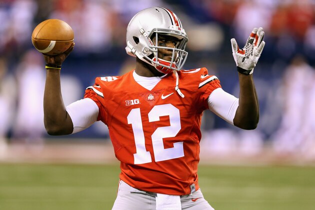 INDIANAPOLIS, IN - DECEMBER 06:  Quarterback Cardale Jones #12 of the Ohio State Buckeyes warms up prior to the game against the Wisconsin Badgers in the Big Ten Championship at Lucas Oil Stadium on December 6, 2014 in Indianapolis, Indiana.  (Photo by Andy Lyons/Getty Images)