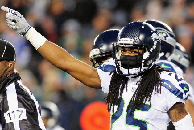 PHILADELPHIA, PA - DECEMBER 07:   Richard Sherman #25 of the Seattle Seahawks reacts against the Philadelphia Eagles in the first half of the game at Lincoln Financial Field on December 7, 2014 in Philadelphia, Pennsylvania.  (Photo by Evan Habeeb/Getty Images)