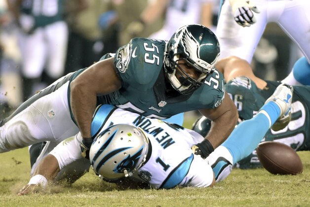Nov 10, 2014; Philadelphia, PA, USA; Philadelphia Eagles linebacker Brandon Graham (55) knocks the ball loose from Carolina Panthers quarterback Cam Newton (1) during the third quarter at Lincoln Financial Field. Mandatory Credit: Eric Hartline-USA TODAY Sports