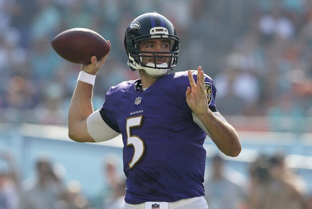 MIAMI GARDENS, FL - DECEMBER 07:  Quarterback Joe Flacco #5 of the Baltimore Ravens throws against the Miami Dolphins in the second quarter during a game at Sun Life Stadium on December 7, 2014 in Miami Gardens, Florida.  (Photo by Mike Ehrmann/Getty Images)