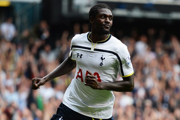 LONDON, ENGLAND - AUGUST 24:  Emmanuel Adebayor of Spurs turns away after scoring his goal during the Barclays Premier League match between Tottenham Hotspur and Queens Park Rangers at White Hart Lane on August 24, 2014 in London, England.  (Photo by Jamie McDonald/Getty Images)