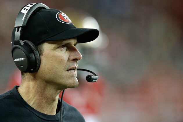 SANTA CLARA, CA - DECEMBER 20:  Head coach Jim Harbaugh of the San Francisco 49ers looks on in the second half while taking on the San Diego Chargers at Levi's Stadium on December 20, 2014 in Santa Clara, California.  (Photo by Ezra Shaw/Getty Images)