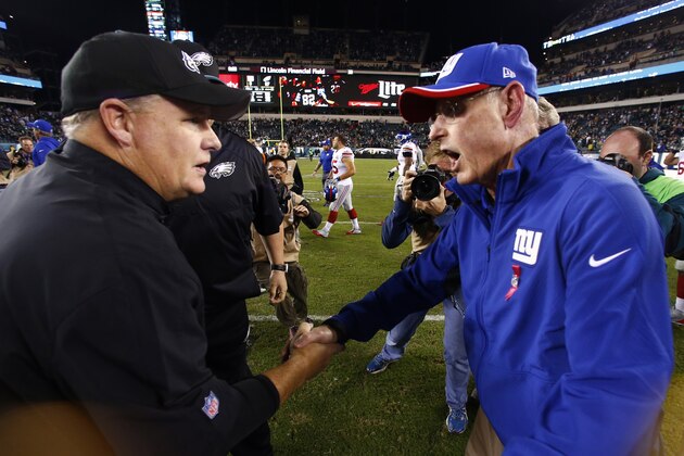Philadelphia Eagles head coach Chip Kelly, left, and New York Giants head coach Tom Coughlin shake hands after an NFL football game, Sunday, Oct. 12, 2014, in Philadelphia. The Eagles won 27-0. (AP Photo/Matt Rourke)