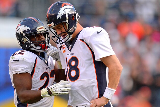 Dec 14, 2014; San Diego, CA, USA; Denver Broncos quarterback Peyton Manning (18) talks with running back C.J. Anderson (22) during the fourth quarter against the San Diego Chargers at Qualcomm Stadium. Mandatory Credit: Jake Roth-USA TODAY Sports