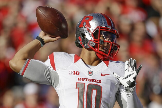Rutgers quarterback Gary Nova (10) throws against Nebraska during the first half of an NCAA college football game in Lincoln, Neb., Saturday, Oct. 25, 2014. (AP Photo/Nati Harnik)