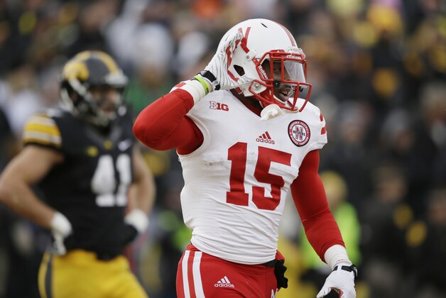 Nebraska wide receiver De'Mornay Pierson-El reacts after returning a punt 80-yards for a touchdown during the second half of an NCAA college football game against Iowa, Friday, Nov. 28, 2014, in Iowa City, Iowa. Nebraska won 37-34 in overtime. (AP Photo/Charlie Neibergall)