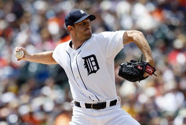 Aug 14, 2014; Detroit, MI, USA; Detroit Tigers starting pitcher Max Scherzer (37) pitches in the first inning against the Pittsburgh Pirates at Comerica Park. Mandatory Credit: Rick Osentoski-USA TODAY Sports
