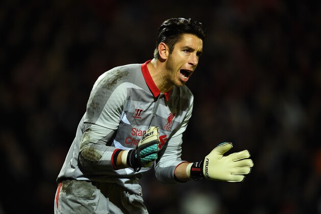 BOURNEMOUTH, ENGLAND - DECEMBER 17: Brad Jones of Liverpool encourages his team during the Capital One Cup Quarter-Final match between Bournemouth and Liverpool at Goldsands Stadium on December 17, 2014 in Bournemouth, England.  (Photo by Mike Hewitt/Getty Images)