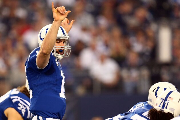 ARLINGTON, TX - DECEMBER 21:  Andrew Luck #12 of the Indianapolis Colts directs the offense against the Dallas Cowboys in the first half at AT&T Stadium on December 21, 2014 in Arlington, Texas.  (Photo by Ronald Martinez/Getty Images)