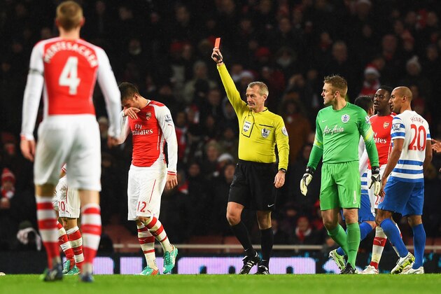 LONDON, ENGLAND - DECEMBER 26:  Olivier Giroud of Arsenal is sent off for a head butt on Nedum Onuoha of QPR by referee Martin Atkinson during the Barclays Premier League match between Arsenal and Queens Park Rangers at Emirates Stadium on December 26, 2014 in London, England.  (Photo by Shaun Botterill/Getty Images)
