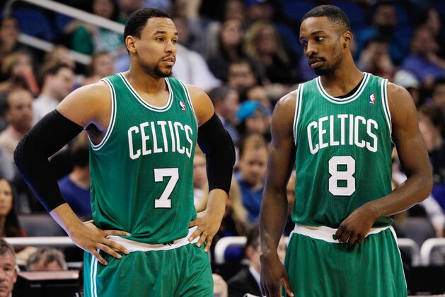 Jan 19, 2014; Orlando, FL, USA; Boston Celtics center Jared Sullinger (7) and small forward Jeff Green (8) talk against the Orlando Magic during the second half at Amway Center. Mandatory Credit: Kim Klement-USA TODAY Sports