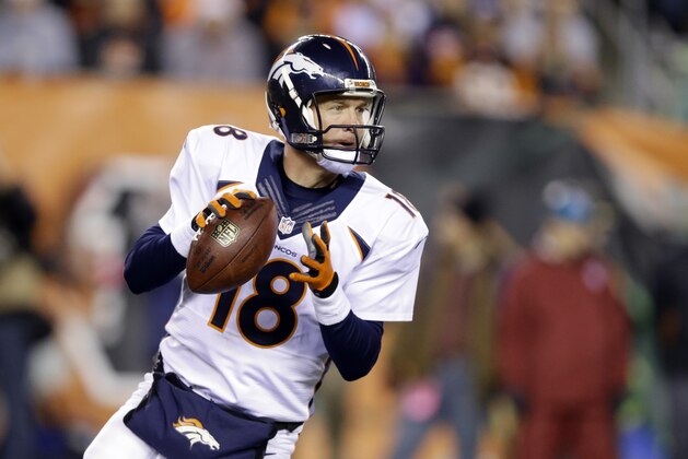 Denver Broncos quarterback Peyton Manning looks to pass during the first half of an NFL football game against the Cincinnati Bengals Monday, Dec. 22, 2014, in Cincinnati. (AP Photo/Michael Conroy)