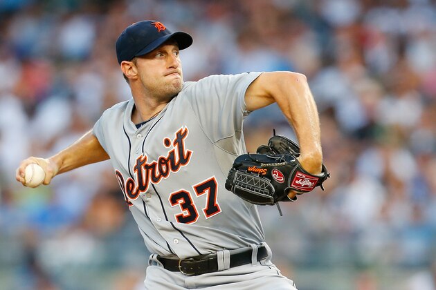NEW YORK, NY - AUGUST 04:  Max Scherzer #37 of the Detroit Tigers pitches in the first inning against the New York Yankees at Yankee Stadium on August 4, 2014 in the Bronx borough of New York City.  (Photo by Mike Stobe/Getty Images)