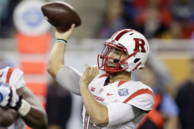 Rutgers quarterback Gary Nova throws during the first half of the Quick Lane Bowl NCAA college football game against North Carolina, Friday, Dec. 26, 2014, in Detroit. (AP Photo/Carlos Osorio)
