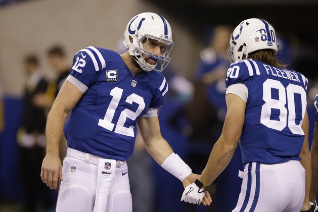 Indianapolis Colts quarterback Andrew Luck, left, greets teammate Coby Fleener before an NFL football game against the Houston Texans Sunday, Dec. 14, 2014, in Indianapolis. (AP Photo/Darron Cummings)