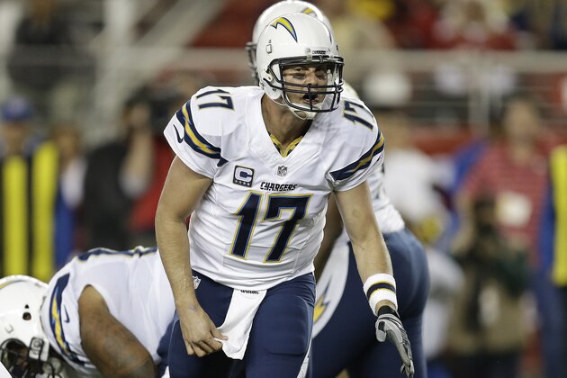 San Diego Chargers quarterback Philip Rivers (17) yells at the line of scrimmage during the first half of an NFL football game against the San Francisco 49ers in Santa Clara, Calif., Saturday, Dec. 20, 2014. (AP Photo/Ben Margot)