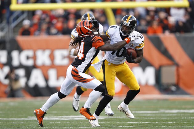 Pittsburgh Steelers wide receiver Martavis Bryant (10) runs past Cincinnati Bengals cornerback Adam Jones (24) during the second half of an NFL football game Sunday, Dec. 7, 2014 in Cincinnati. (AP Photo/Frank Victores)