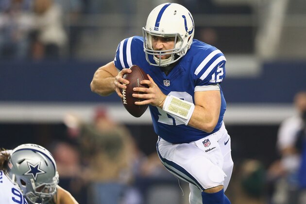 ARLINGTON, TX - DECEMBER 21:   Andrew Luck #12 of the Indianapolis Colts runs out of the pocket against the Dallas Cowboys in the second quarter at AT&T Stadium on December 21, 2014 in Arlington, Texas.  (Photo by Ronald Martinez/Getty Images)
