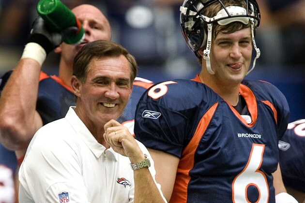 IRVING, TX - AUGUST 18:  Denver Broncos head coach Mike Shanahan shares a laugh with quarterback Jay Cutler #6 prior to a preseason game against the Dallas Cowboys at Texas Stadium August 18, 2007 in Irving, Texas. (Photo by Dave Einsel/Getty Images)
