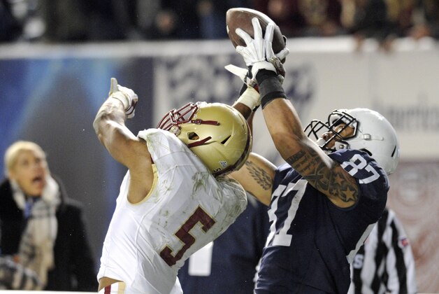Penn State tight end Kyle Carter, right, catches a pass over Boston College defensive back Ty-Meer Brown for a touchdown during overtime of the Pinstripe Bowl NCAA college football game Saturday, Dec. 27, 2014, in New York. Penn State won 31-30. (AP Photo/Bill Kostroun)