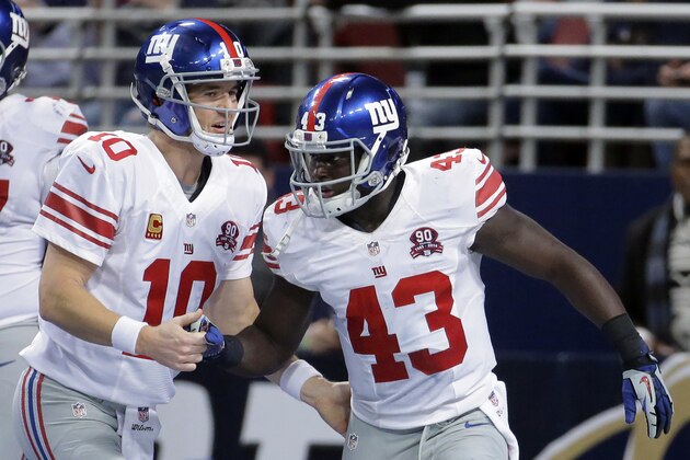 New York Giants running back Orleans Darkwa, right, is congratulated by quarterback Eli Manning after scoring on a 12-yard touchdown run during the first half of an NFL football game against the St. Louis Rams, Sunday, Dec. 21, 2014, in St. Louis. (AP Photo/Charlie Riedel)